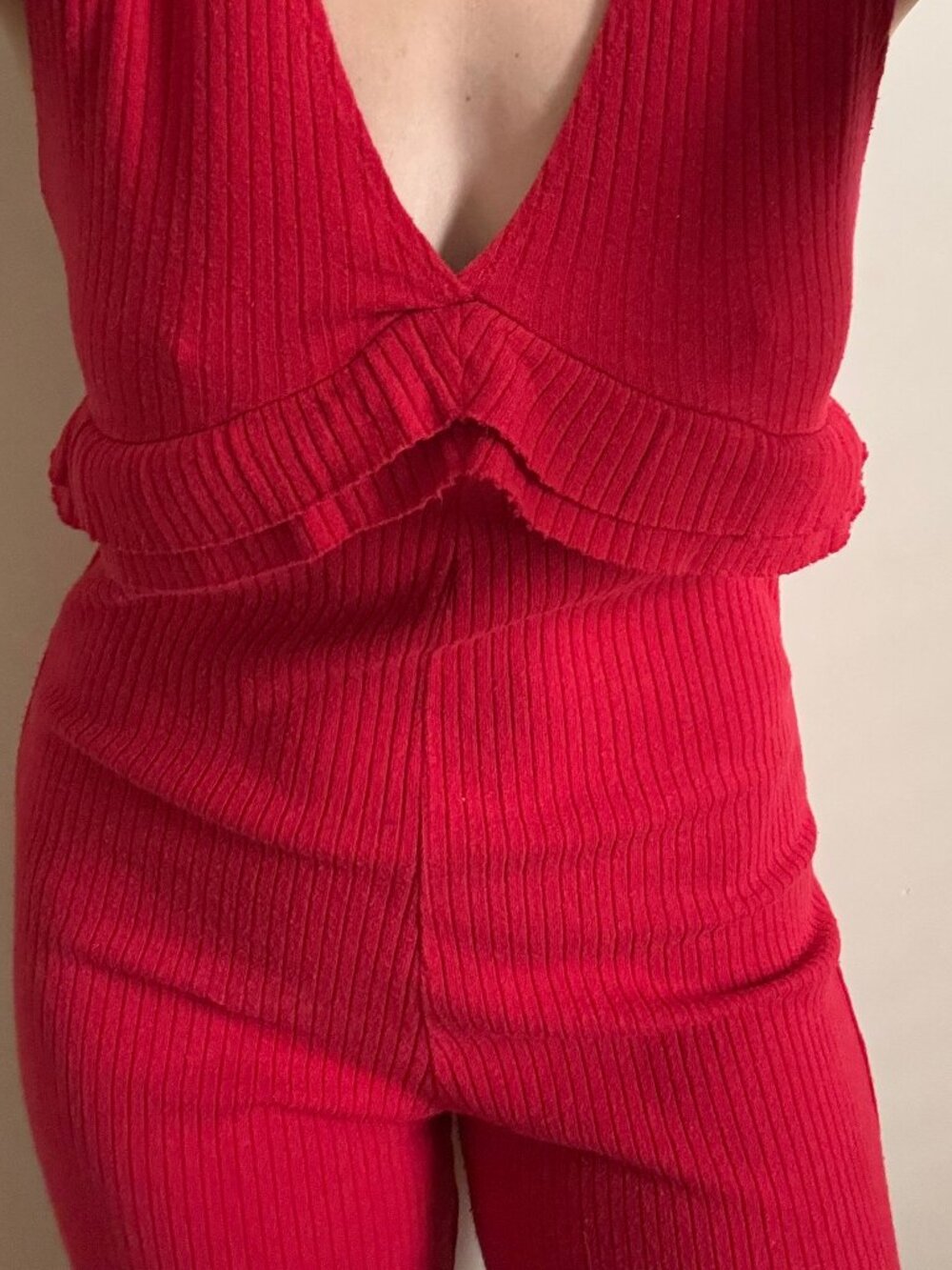 Zara Red Ribbed Jumpsuit with Ruffles - Picture 8 of 8